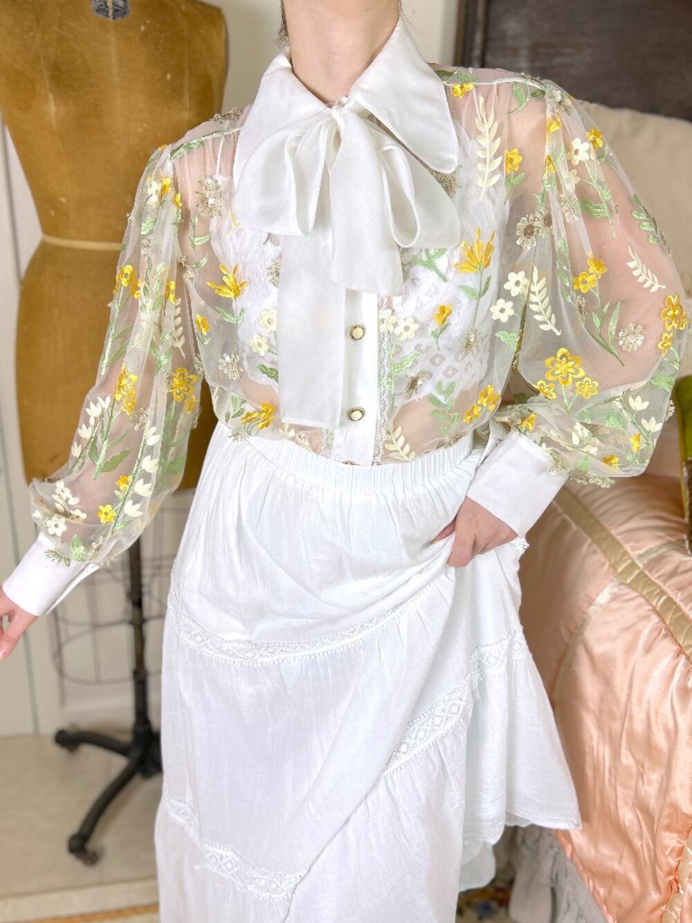 Dream Sister Jane Embroidered Beaded Floral Sheer Blouse with Removable Ties Bow